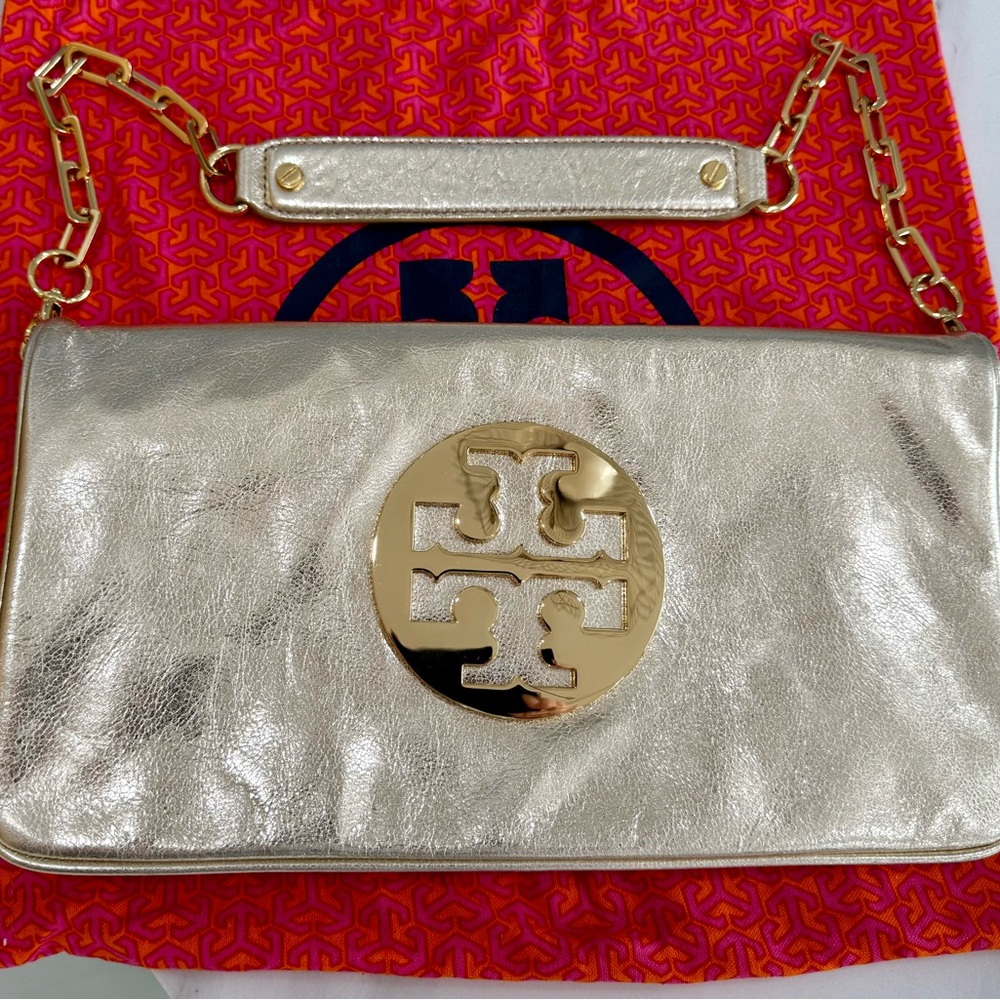 Tory Burch Gold Shimmer Clutch with Chain Strap